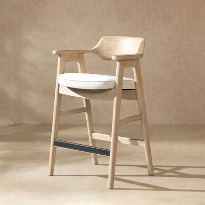 29.5" Upholstered Reclaimed Pine Bar Stool with Chenille Seat - Light Beige