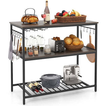 Kitchen Island with 3 Shelves Wine Glass Holders and 10 Hooks-Gray