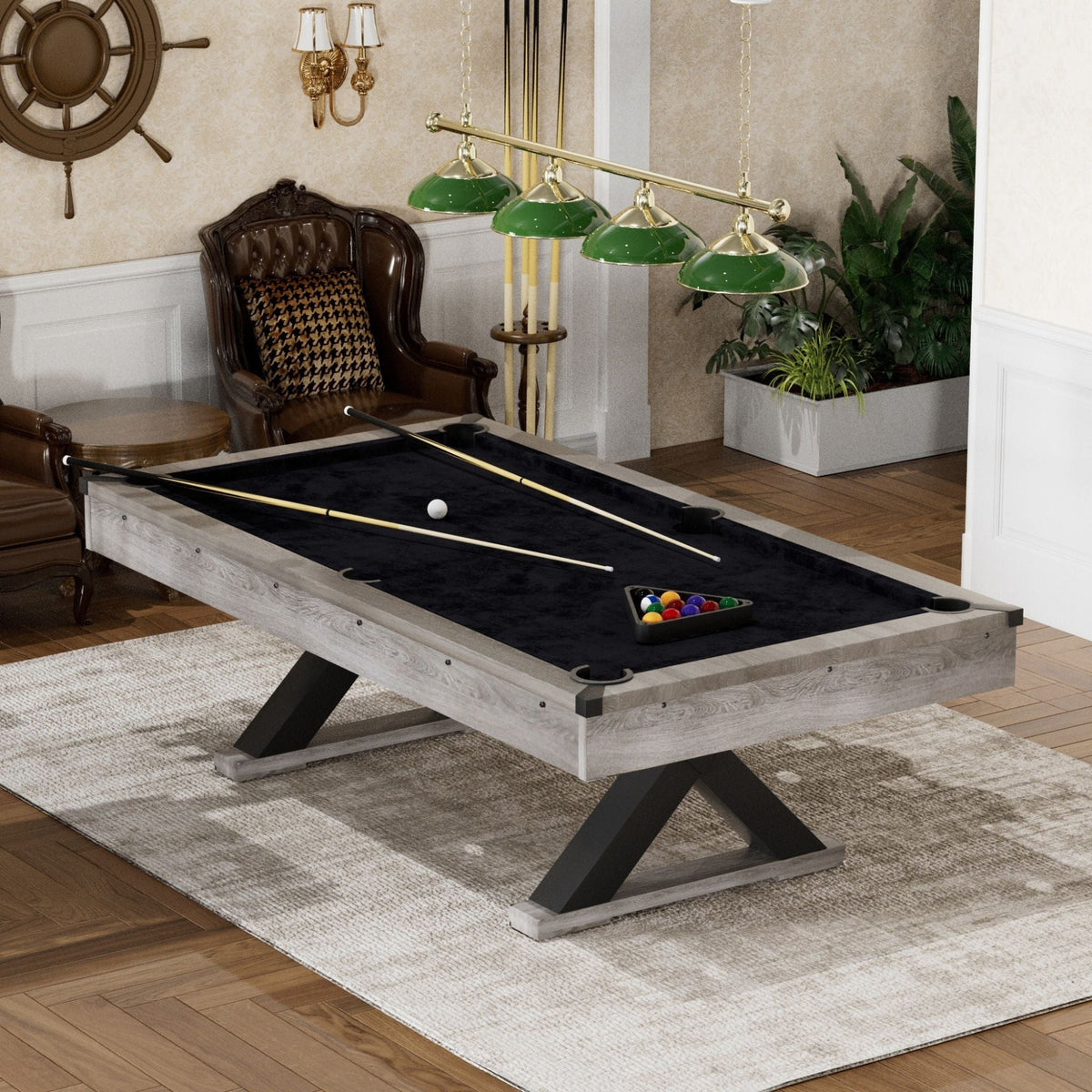Large 84-Inch Rustic Gray Pool Table With Cues, Balls And X-Legs (SAK54361)