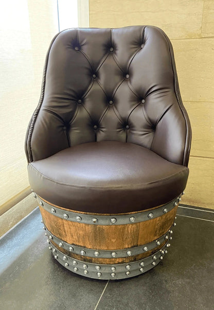 Luxury Whiskey & Wine Barrel Captain Chair — Memory Foam, Brown Upholstery
