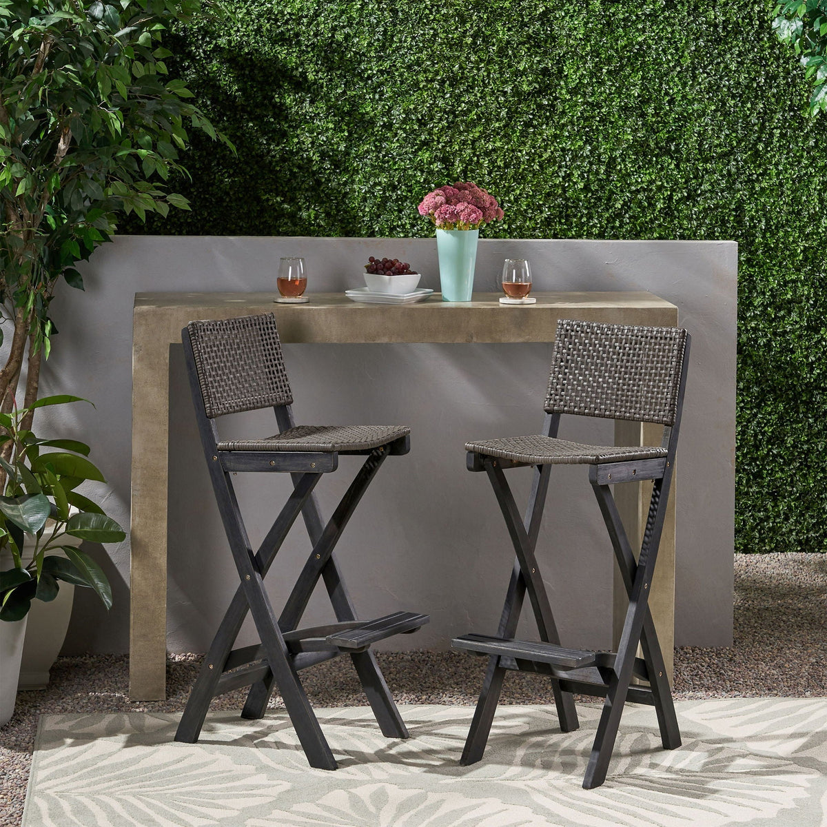 Outdoor Folding Acacia Wood Barstools with Rattan Seat – Dark Gray