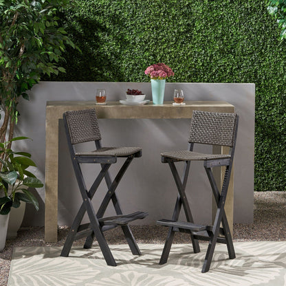 Outdoor Folding Acacia Wood Barstools with Rattan Seat – Dark Gray