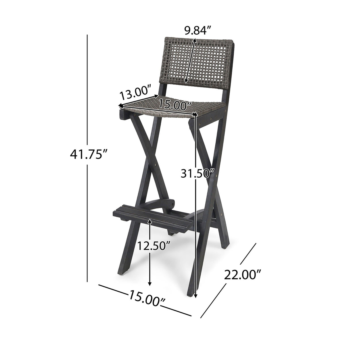 Outdoor Folding Acacia Wood Barstools with Rattan Seat – Dark Gray