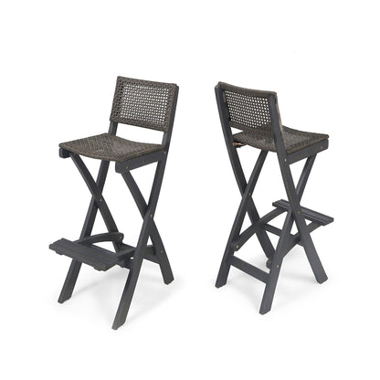 Outdoor Folding Acacia Wood Barstools with Rattan Seat – Dark Gray
