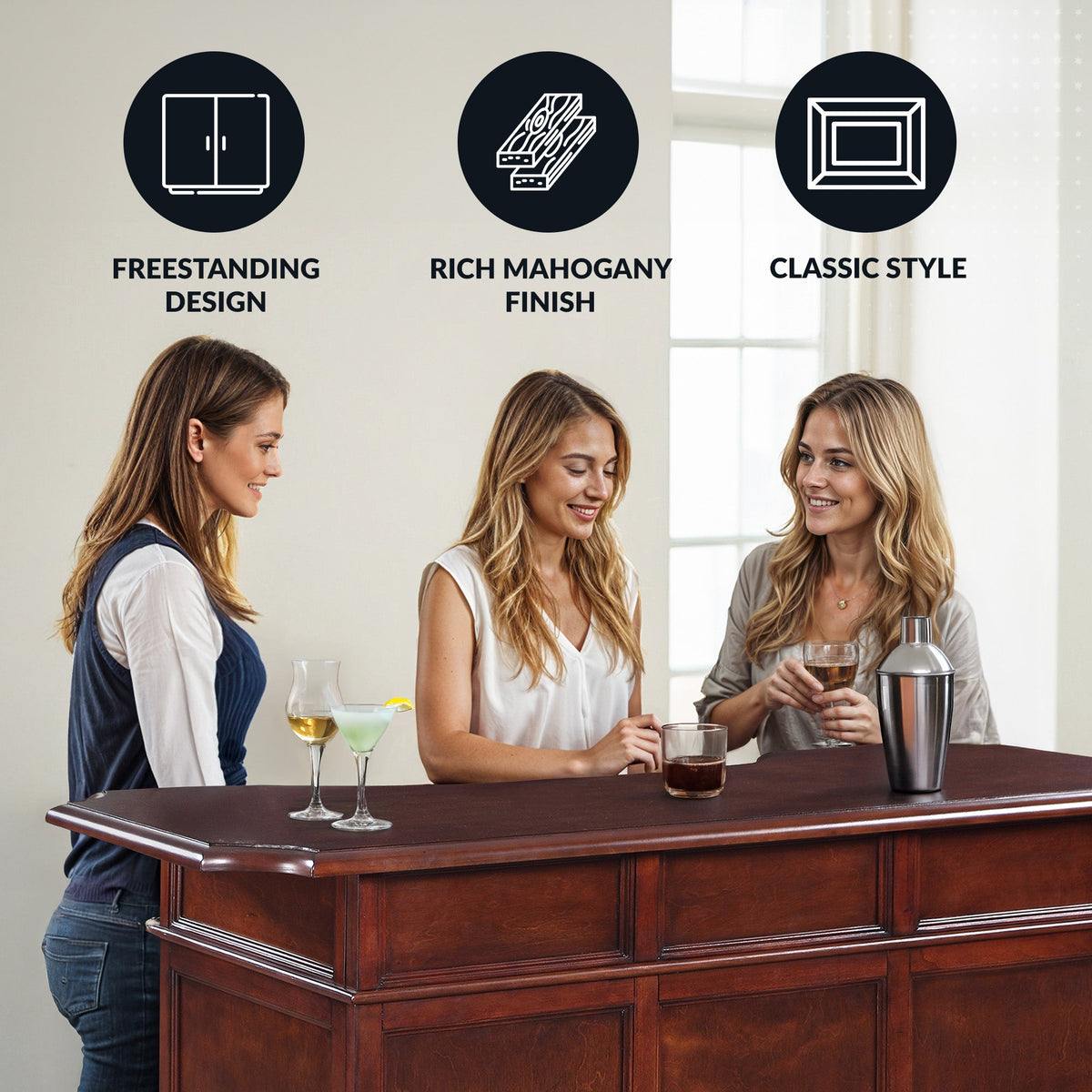 Hathaway Ridgeline 60-in Hardwood Home Bar with Storage - Mahogany Finish
