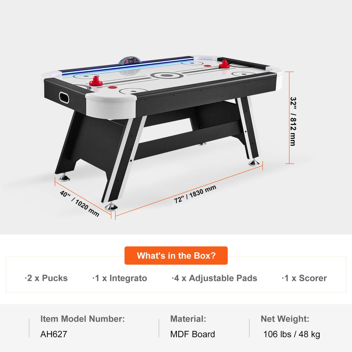 Premium 72-Inch Air Hockey Table With LED Electronic Scorer (SAK82049)