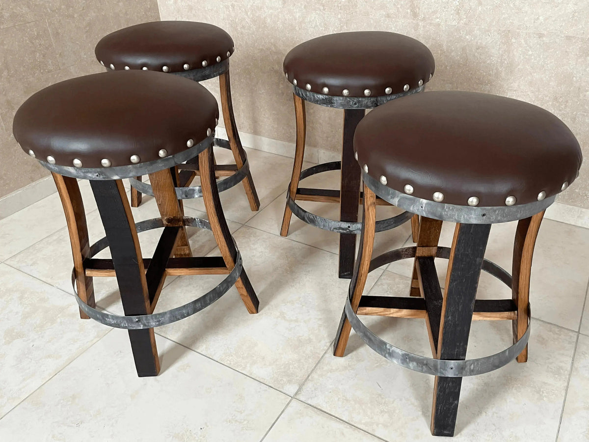 Whiskey & Wine Barrel Bistro Pub Set — 4 Stools, Glass Top, Foot Rail