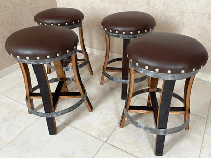Whiskey & Wine Barrel Bistro Pub Set — 4 Stools, Glass Top, Foot Rail
