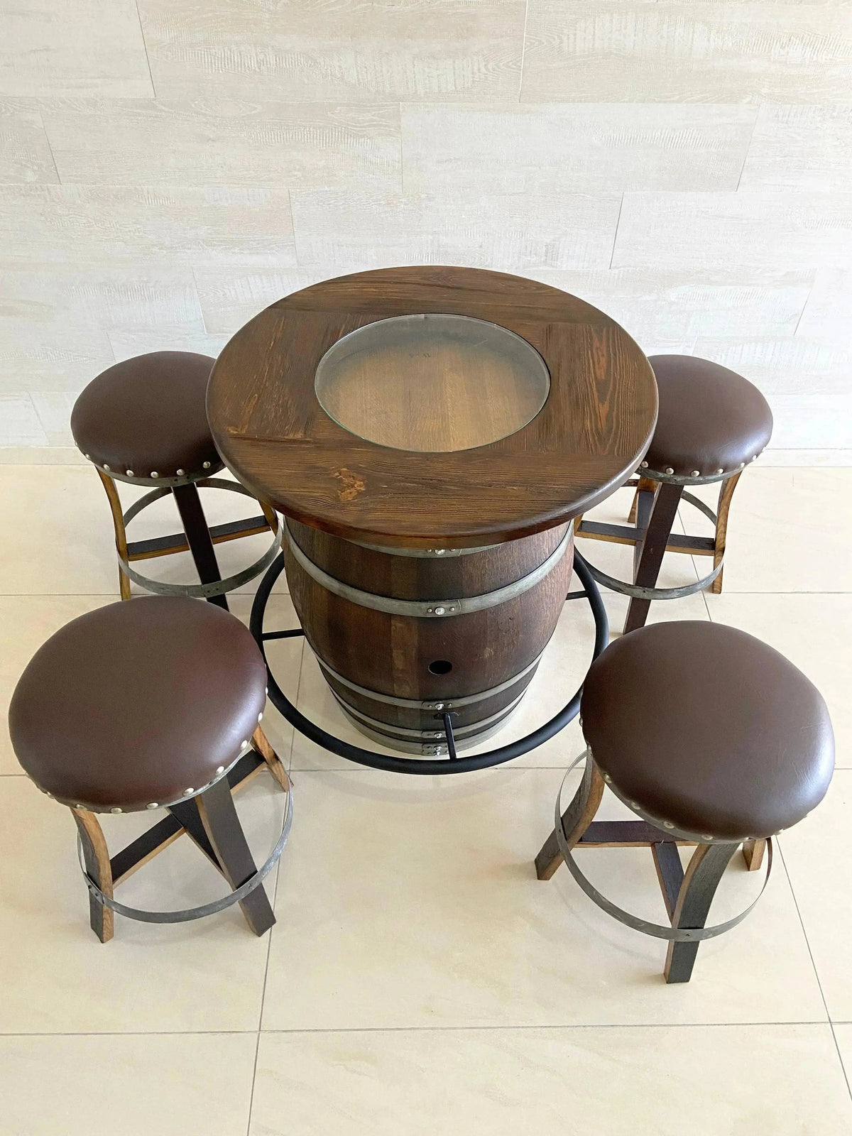 Whiskey & Wine Barrel Bistro Pub Set — 4 Stools, Glass Top, Foot Rail